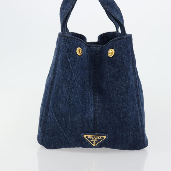 PRADA Canapa MM Hand Bag Denim Blue Gold Auth ep14070A