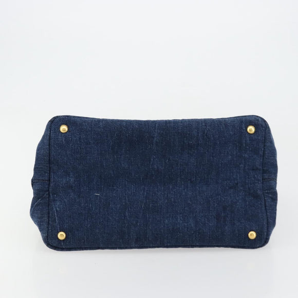 PRADA Canapa MM Hand Bag Denim Blue Gold Auth ep14070A