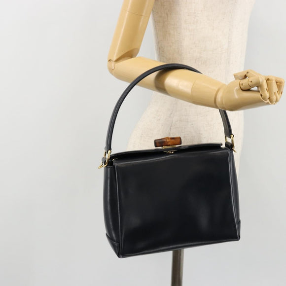 GUCCI Bamboo Hand Bag Leather Navy Gold Auth ep14132