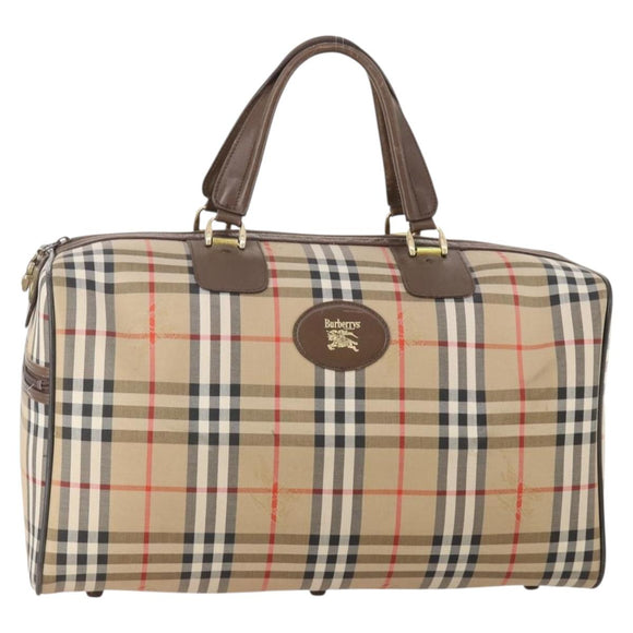 Burberrys Nova Check Boston Bag Canvas Beige Gold Auth ep14196