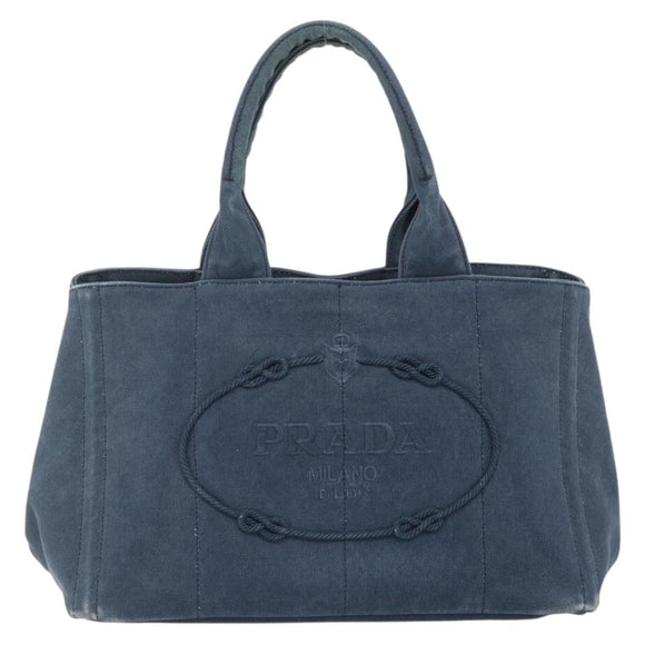 PRADA Canapa M Hand Bag Canvas Navy Gold Auth ep14222