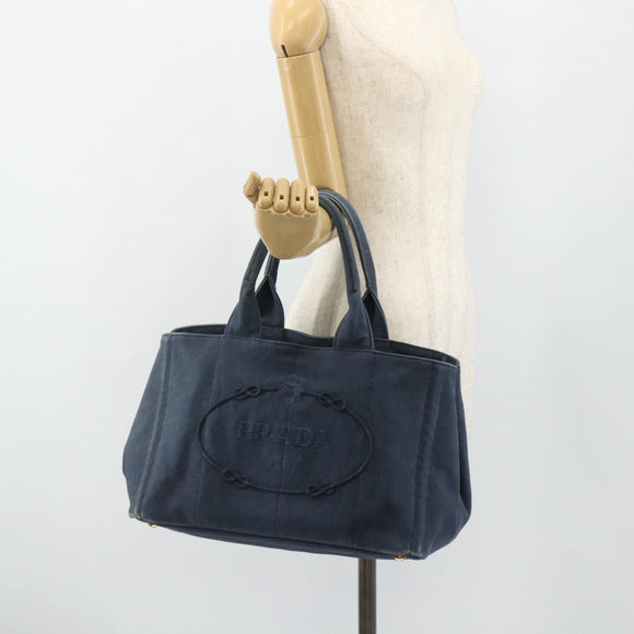 PRADA Canapa M Hand Bag Canvas Navy Gold Auth ep14222