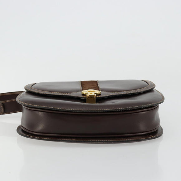 GUCCI Schoudertas Leer Bruin Goud Auth ep14223