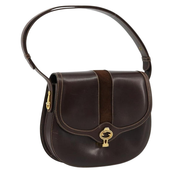 GUCCI Schoudertas Leer Bruin Goud Auth ep14223