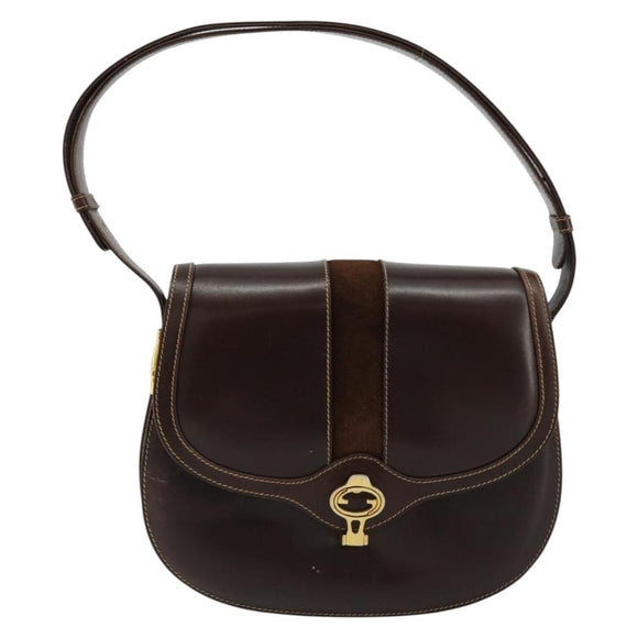 GUCCI Schoudertas Leer Bruin Goud Auth ep14223