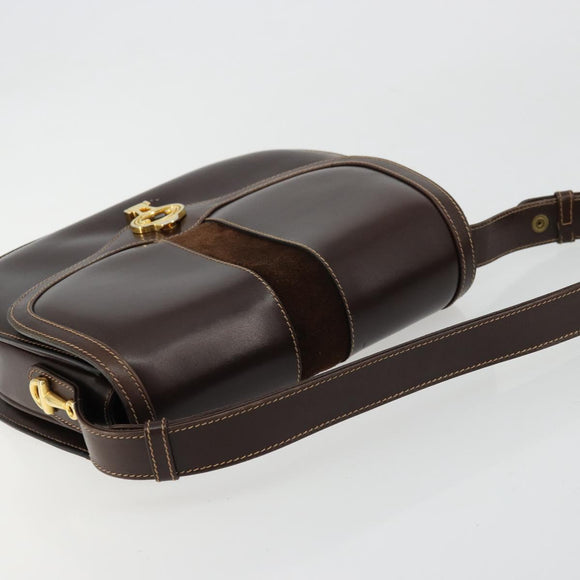 GUCCI Schoudertas Leer Bruin Goud Auth ep14223