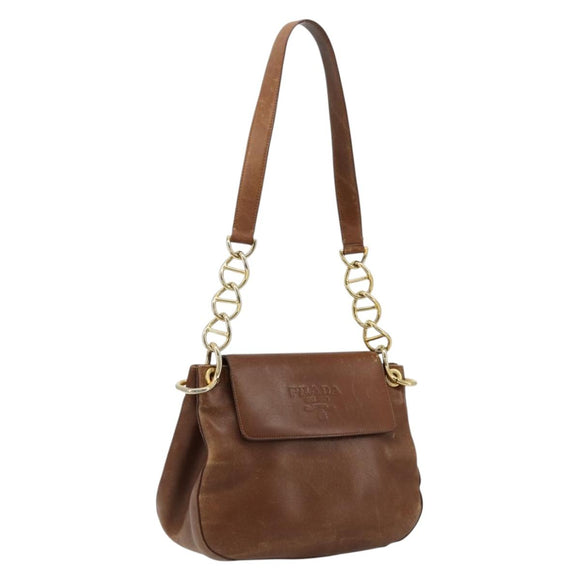 PRADA Shoulder Bag Leather Brown Gold Auth ep14232
