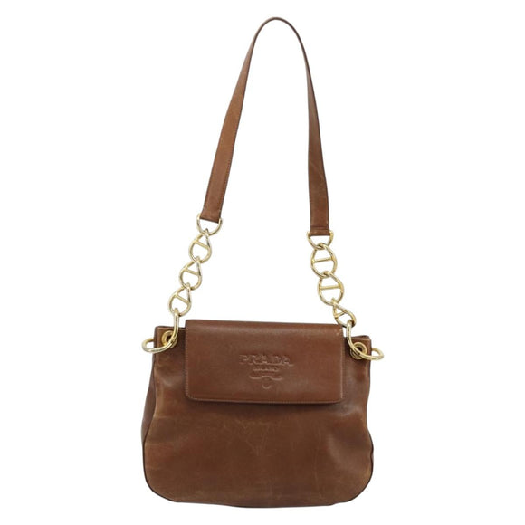 PRADA Shoulder Bag Leather Brown Gold Auth ep14232