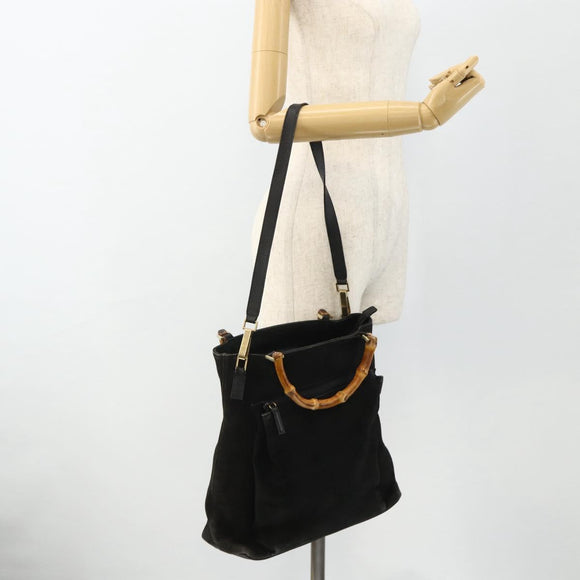 GUCCI Bamboo Hand Bag Suede 2way Black Gold 002 2122 0506 Auth ep14234