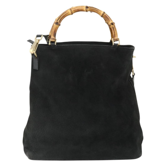 GUCCI Bamboo Hand Bag Suede 2way Black Gold 002 2122 0506 Auth ep14234