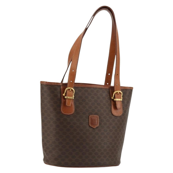 CELINE Macadam Canvas Tote Bag PVC Leather Brown Gold Auth ep14253