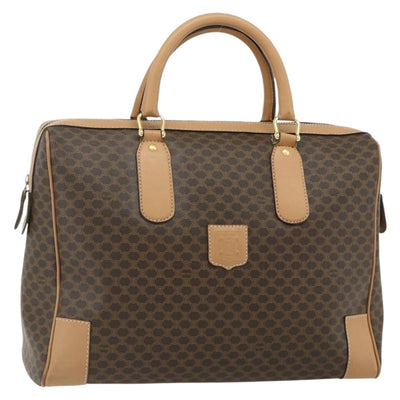 CELINE Macadam Canvas Boston Bag PVC Leather Brown Gold Auth ep14259