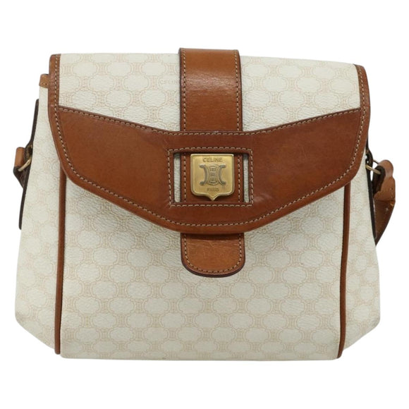 CELINE Macadam Canvas Shoulder Bag PVC Leather White Gold Auth ep14261