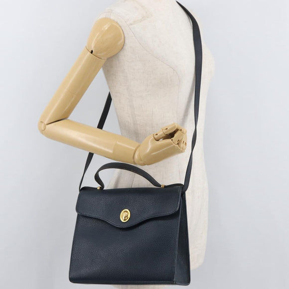 Christian Dior Hand Bag Leather 2way Navy Gold Auth ep14265
