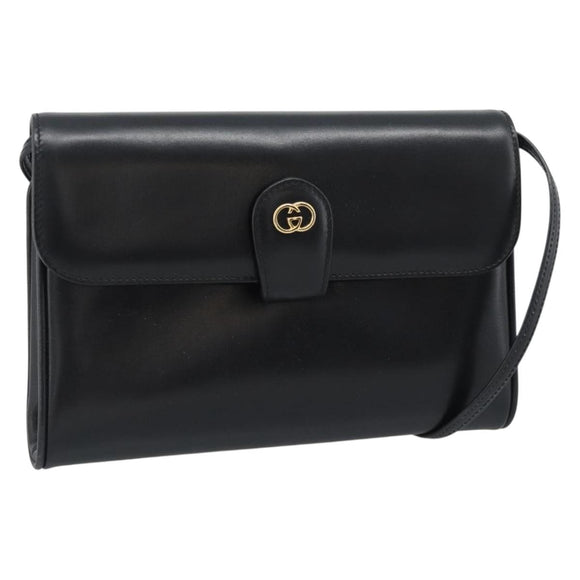 GUCCI Shoulder Bag Leather Black Gold Auth ep14267A