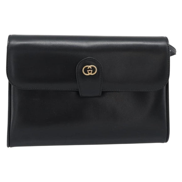 GUCCI Shoulder Bag Leather Black Gold Auth ep14267A
