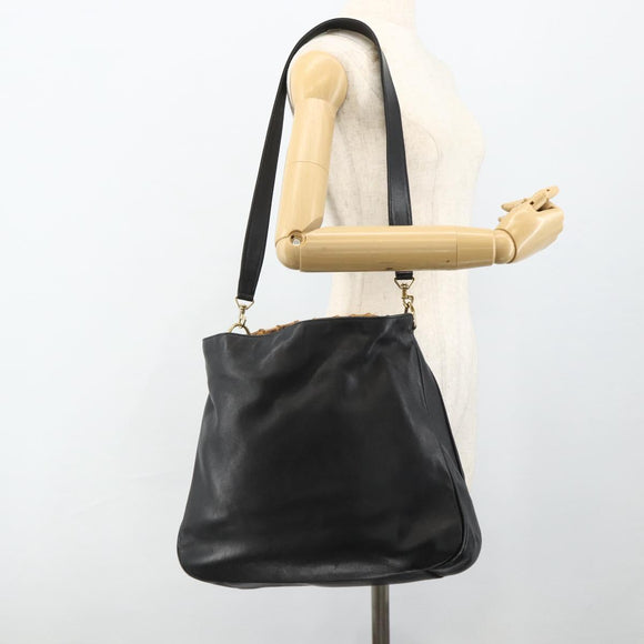 GUCCI Bamboo Shoulder Bag Leather 2way Black Gold 001 1577 Auth ep14290