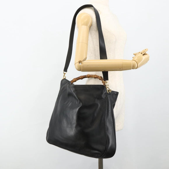 GUCCI Bamboo Hand Bag Leather 2way Black Gold 001 3754 1577 Auth ep14302
