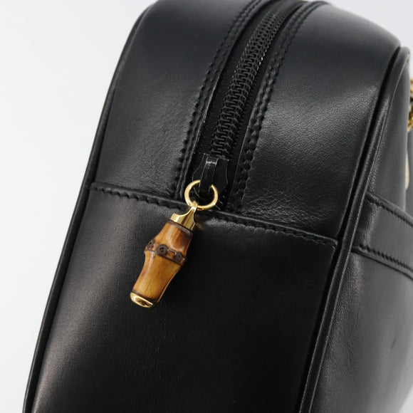 GUCCI Bamboo Chain Shoulder Bag Leather Black Gold Auth ep14306