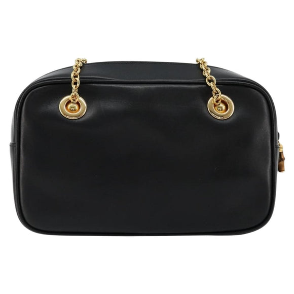 GUCCI Bamboo Chain Shoulder Bag Leather Black Gold Auth ep14306