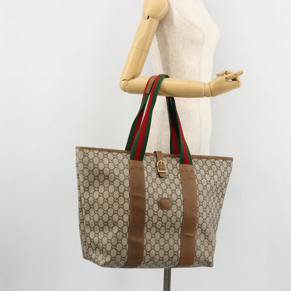 GUCCI GG Plus Supreme Web Sherry Line Tote Bag PVC Beige Gold Auth ep14358