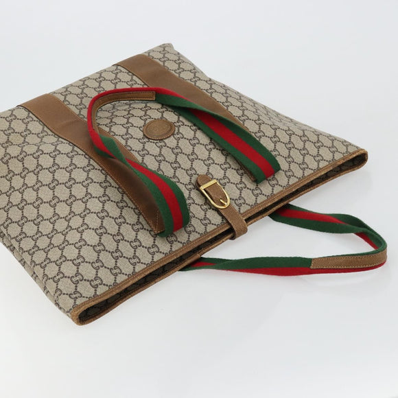 GUCCI GG Plus Supreme Web Sherry Line Tote Bag PVC Beige Gold Auth ep14358
