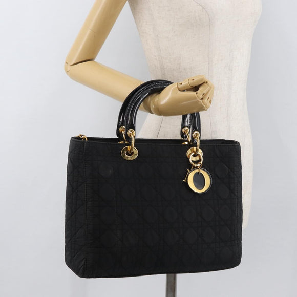 Christian Dior Canage Lady Dior Hand Bag Nylon Black Gold Auth ep14452