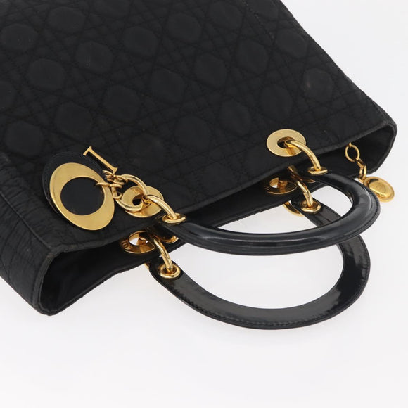 Christian Dior Canage Lady Dior Hand Bag Nylon Black Gold Auth ep14452