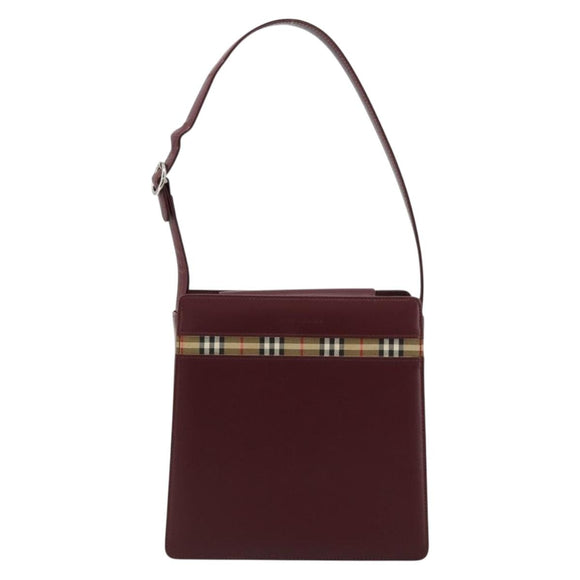 BURBERRY Nova Check Shoulder Bag Leather Bordeaux Silver Auth ep14479