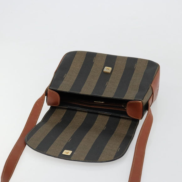 FENDI Pecan Canvas Shoulder Bag PVC Black Brown Auth ep14532