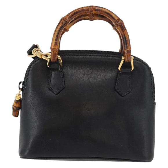 GUCCI Bamboo Hand Bag Leather 2way Black Gold 007 2032 0231 Auth ep14546