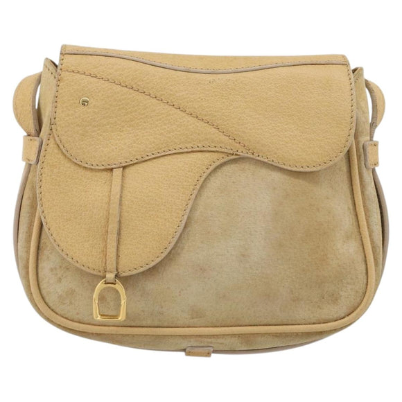 GUCCI Saddle Shoulder Bag Suede Beige Gold Auth ep14557