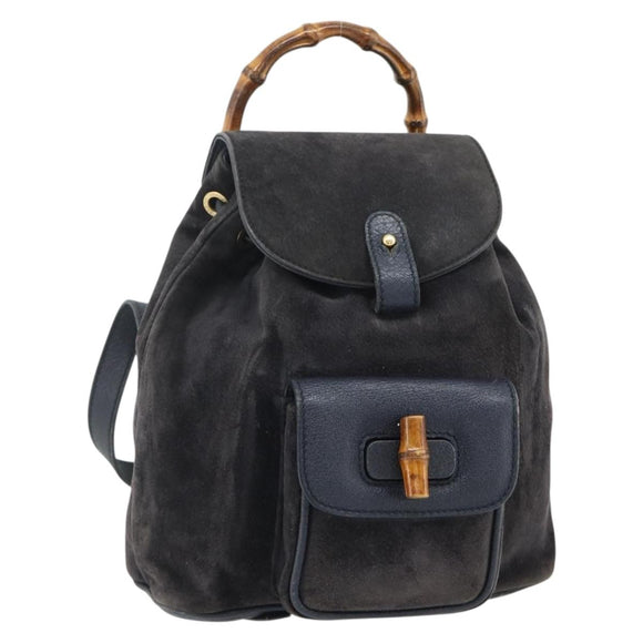 GUCCI Bamboo Backpack Suede Black Gold Auth ep14563