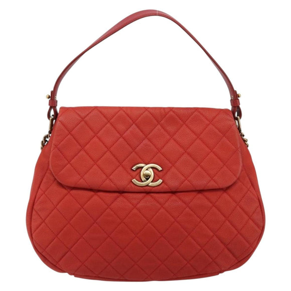 CHANEL Matelasse Chain Shoulder Bag Caviar Skin 2way Red Gold CC Auth ep14575V
