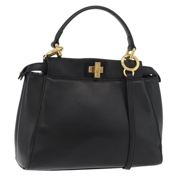 FENDI Monster Peek A Boo XS Hand Bag Leather 2way Black Gold Auth ep14588SAV