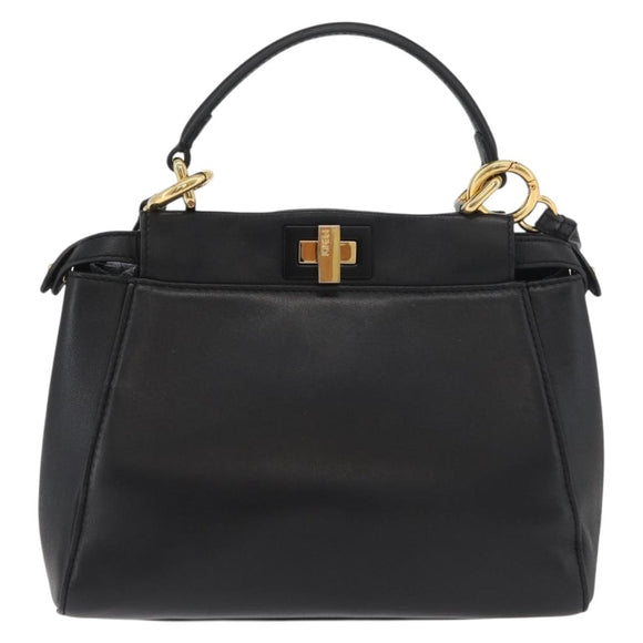 FENDI Monster Peek A Boo XS Hand Bag Leather 2way Black Gold Auth ep14588SAV