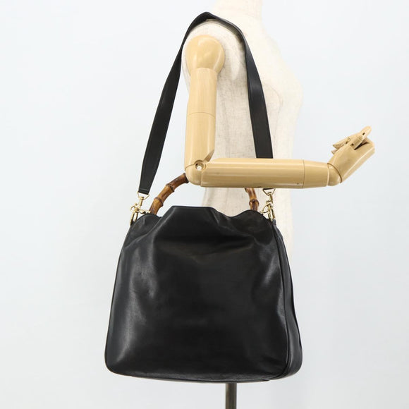 GUCCI Bamboo Hand Bag Nylon 2way Black Gold 001 2058 1577 Auth ep14609