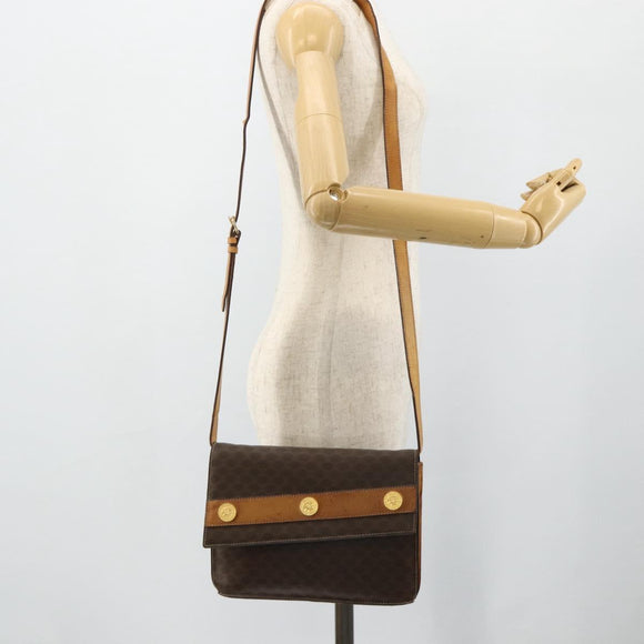 CELINE Macadam Canvas Medallion Shoulder Bag PVC Leather Brown Gold Auth ep14618