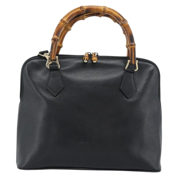 GUCCI Bamboo Hand Bag Leather 2way Black Gold 000 0289 Auth ep14633