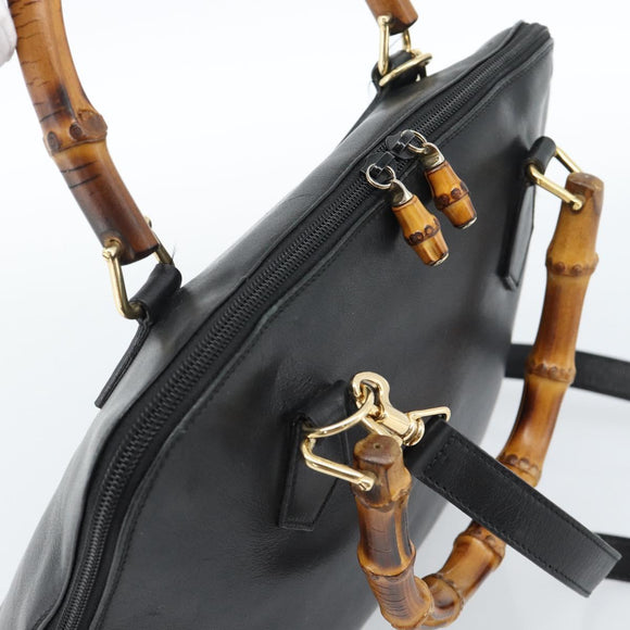 GUCCI Bamboo Hand Bag Leather 2way Black Gold 000 0289 Auth ep14633
