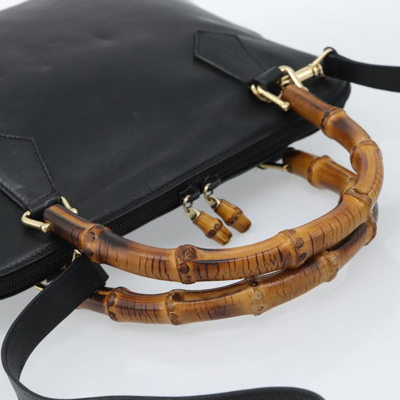 GUCCI Bamboo Hand Bag Leather 2way Black Gold 000 0289 Auth ep14633