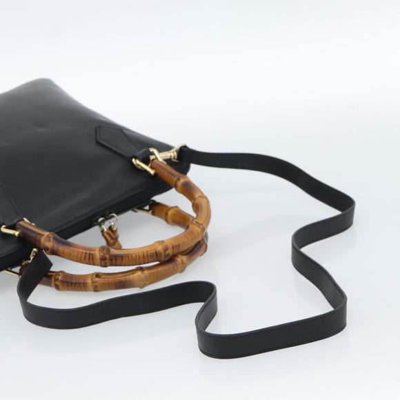 GUCCI Bamboo Hand Bag Leather 2way Black Gold 000 0289 Auth ep14633