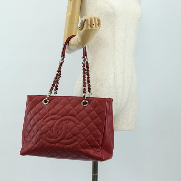 CHANEL GST Matelasse Chain Tote Bag Caviar Skin Red Silver CC Auth ep14654V