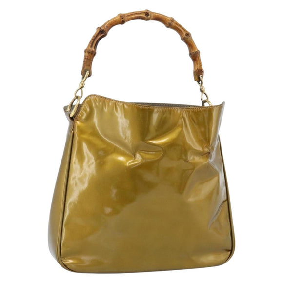 GUCCI Bamboo Hand Bag Patent leather Gold Auth ep14663