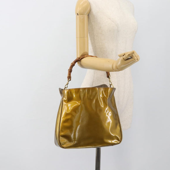 GUCCI Bamboo Hand Bag Patent leather Gold Auth ep14663