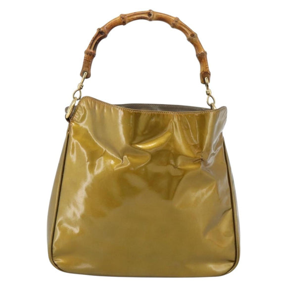 GUCCI Bamboo Hand Bag Patent leather Gold Auth ep14663