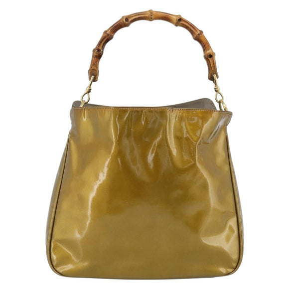 GUCCI Bamboo Hand Bag Patent leather Gold Auth ep14663