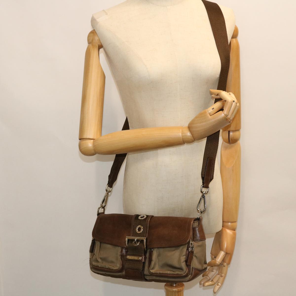 PRADA Shoulder Bag Nylon Leather Brown Auth ep1468