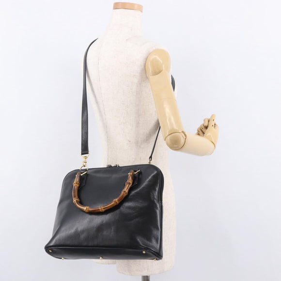 GUCCI Bamboo Hand Bag Leather 2way Black Gold 000 1186 0289 Auth ep14685