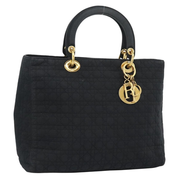 Christian Dior Lady Dior Canage Hand Bag Canvas Black Gold Auth ep14710